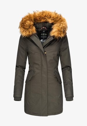 Parka olive verte avec une capuche en fausse fourrure, fermeture éclair et boutonnée à l'avant, poches latérales, poignets côtelés et doublure intérieure à motif.