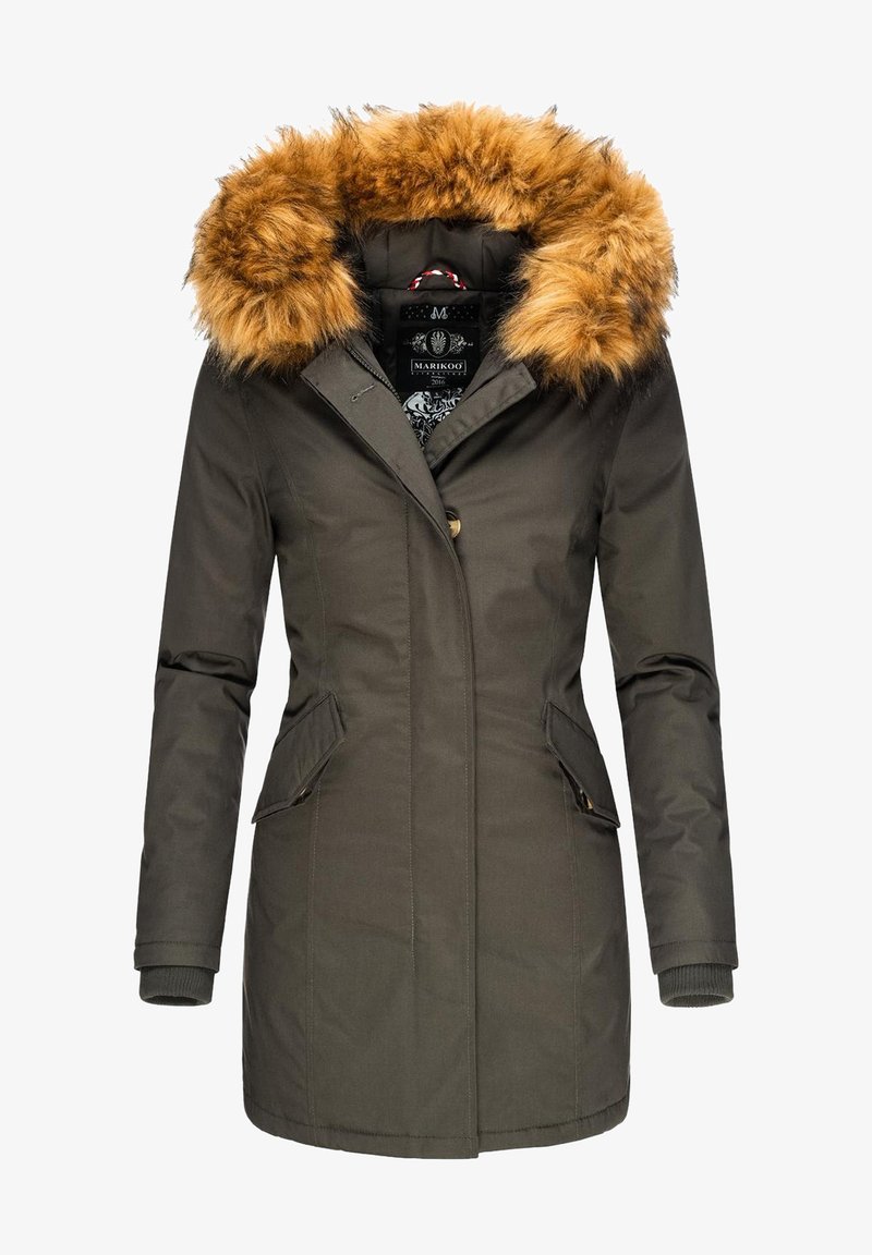 Olive green parka with a faux fur hood, zip and button front closure, side pockets, ribbed cuffs, and patterned interior lining.