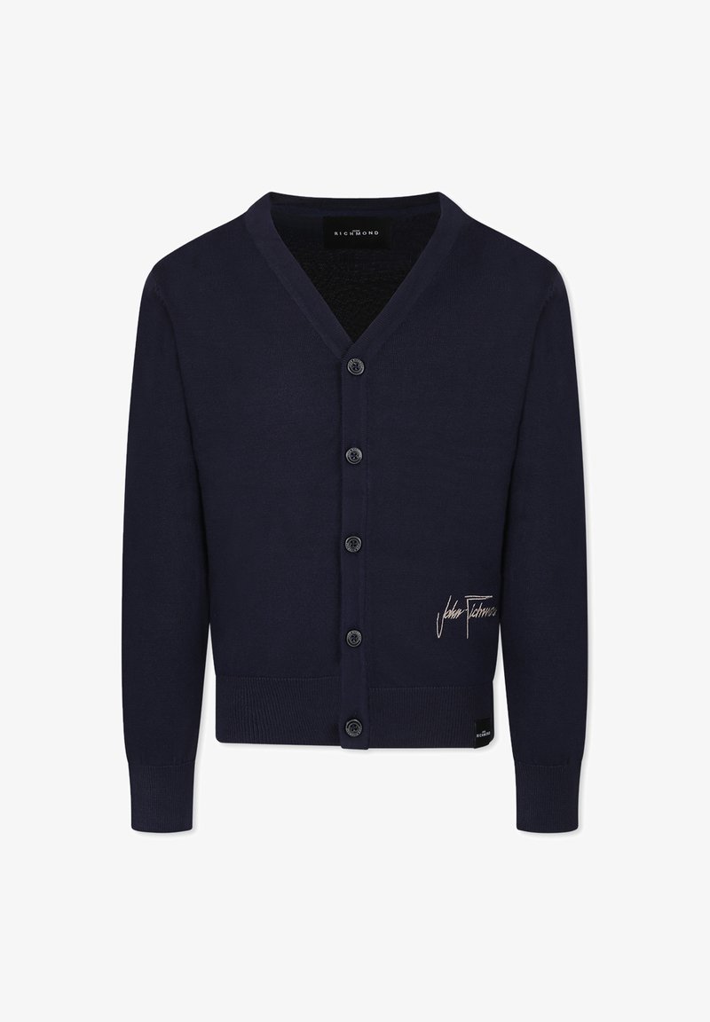 Cardigan bleu marine avec un col en V, six boutons sur le devant, des poignets et un ourlet côtelés, et un logo visible brodé en rose clair. Matière en tricot douce.