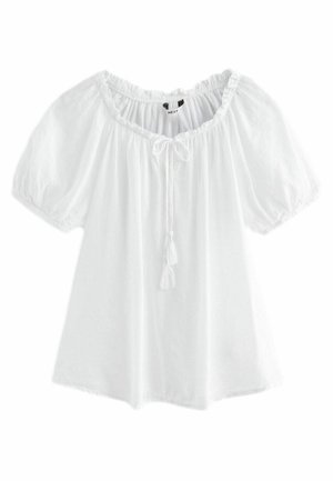 White short-sleeve blouse with elastic neckline, tie with tassels, and elastic cuffs, displayed on a white background.