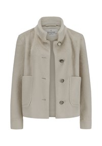 Beige Kunstpelzjacke mit Kragen, vier Knöpfen vorne und zwei Seitentaschen. Weiche Textur und tailliertes Design, ideal zum Schichten.