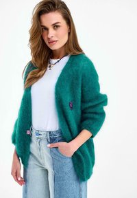 Žena v zelenomodrom huňatom kardigáne cez bielu košeľu a džínsach s vysokým pásom v dvoch odtieňoch stojaca s jednou rukou v vrecku na bielom pozadí.