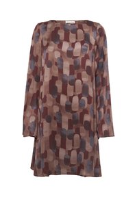 Langärmliges Kleid aus leichter Stoff mit einem geometrischen Muster aus braunen, taupefarbenen und blauen Formen, mit einem runden Ausschnitt und lockerem Schnitt.