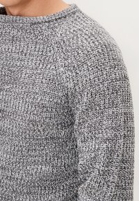 Gestrickter Pullover in Grautönen mit strukturiertem Stoff, der einen Rundhalsausschnitt und Raglanärmel aufweist und ein weiches, gemütliches Design betont.