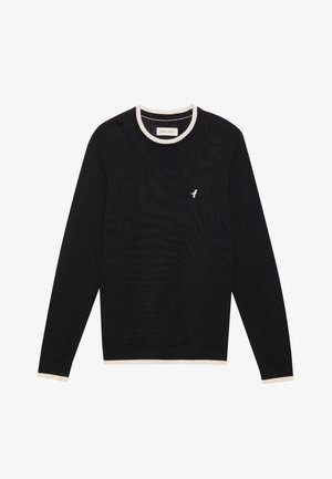 Black long-sleeve sweater made of knit material, featuring a cream-colored ribbed crew neck and cuffs, with a small bird emblem on the chest.