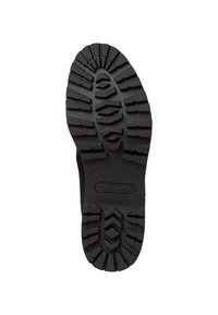 Suela de zapato de goma negra con patrones de surcos profundos para tracción. Presenta el logotipo de la marca y la talla 37 grabados en la superficie. Diseño plano.