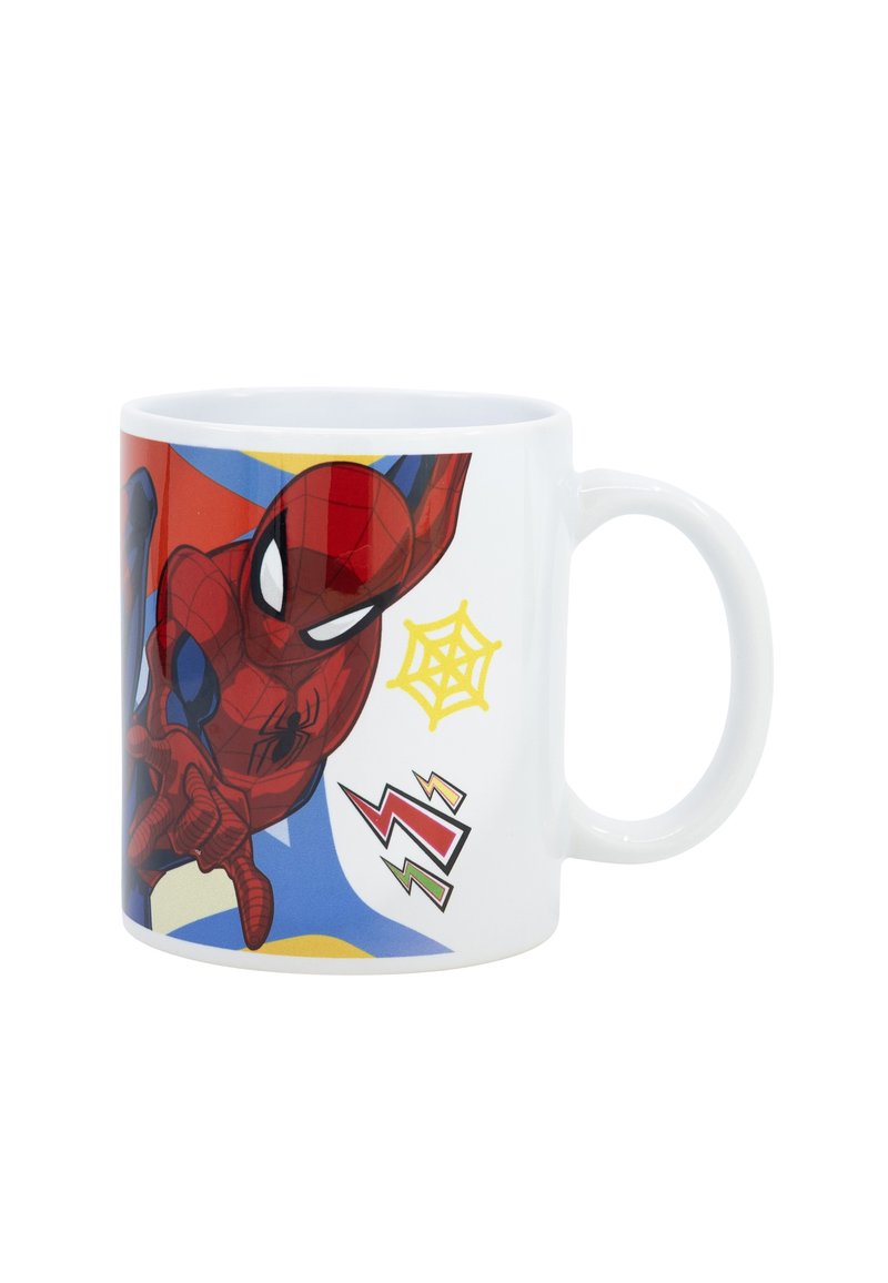 Weißer Keramikbecher mit einem bunten Spider-Man-Design in Rot, Gelb und Blau, einem Netzdesign und Blitzen.