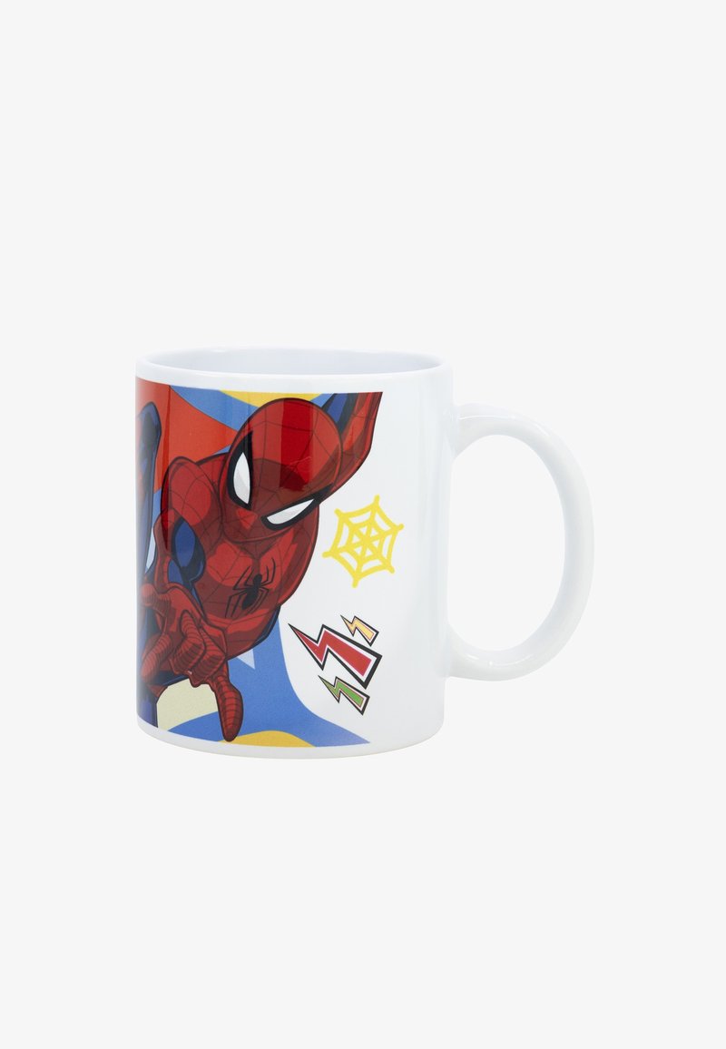 Weißer Keramikbecher mit einem bunten Spider-Man-Design in Rot, Gelb und Blau, einem Netzdesign und Blitzen.