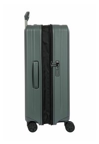 Grauer Hartschalenkoffer mit strukturiertem Finish, doppelten Reißverschlüssen, eingebautem Zahlenschloss, Seitengriff und vier Spinner-Rädern für einfache Handhabung.