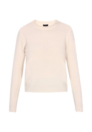 Svijetlosmeđi pleteni pulover s okruglim izrezom, dugim rukavima, rebrastim manžetama i rubom. Mekoću teksture i minimalistički dizajn bez vidljivih uzoraka ili naglasaka.