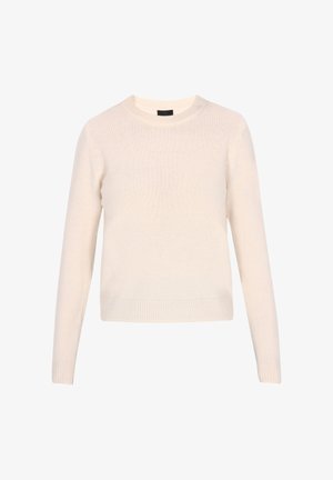 Pulover tricotat bej deschis cu guler rotund, mâneci lungi, manșete și tiv dintate. Textură moale și design minimalist, fără modele sau accente vizibile.