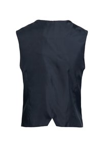 Ärmneglig, mörk marinblå väst tillverkad av slät tyg, med en ren design som har en bakslits och utan synlig hårdvara eller mönster.