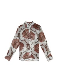Chemise blanche transparente à manches longues avec un motif floral brun et des accents de chaîne décoratifs, dotée d'un col classique et de manches à poignets.