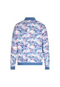Giacca a stampa floreale con accenti blu, che presenta un design tropicale di fiori rosa e foglie verdi su uno sfondo chiaro, tessuto testurizzato.