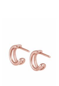 Orecchini a cerchio in oro rosa con un design intrecciato e una finitura liscia. Realizzati in argento sterling 925 con una chiusura a perno sicura.