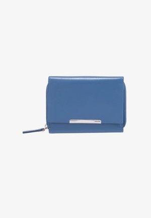 Cartera de cuero azul con un diseño elegante, que presenta un acento de metal plateado y detalles de cremallera. Forma compacta y rectangular.