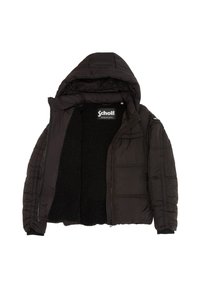 Sort dunjakke med hætte, lynlåslukning og en blød, fnugget foring. Ydersiden har en glat tekstur med syede paneler.