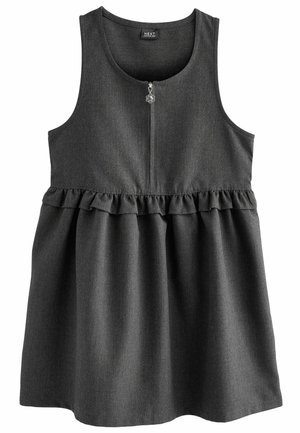 Dark gray dress with a sleeveless design, A-line shape, and ruffled waist. Features a front zipper and a smooth fabric texture.