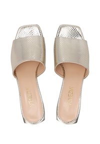 Silver slide sandals made of faux snakeskin, featuring a square toe design and a textured finish, with a beige interior lining.