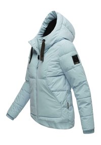 Light blue puffer jacket with a hood, featuring a zip front, side pockets, elastic cuffs, and a black logo patch on the sleeve.