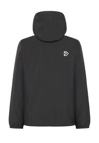 Musta hupullinen takki, jossa on joustavat kalvosimet, valmistettu kevyestä materiaalista. Yläselässä pieni valkoinen logo. Sileä pinta.