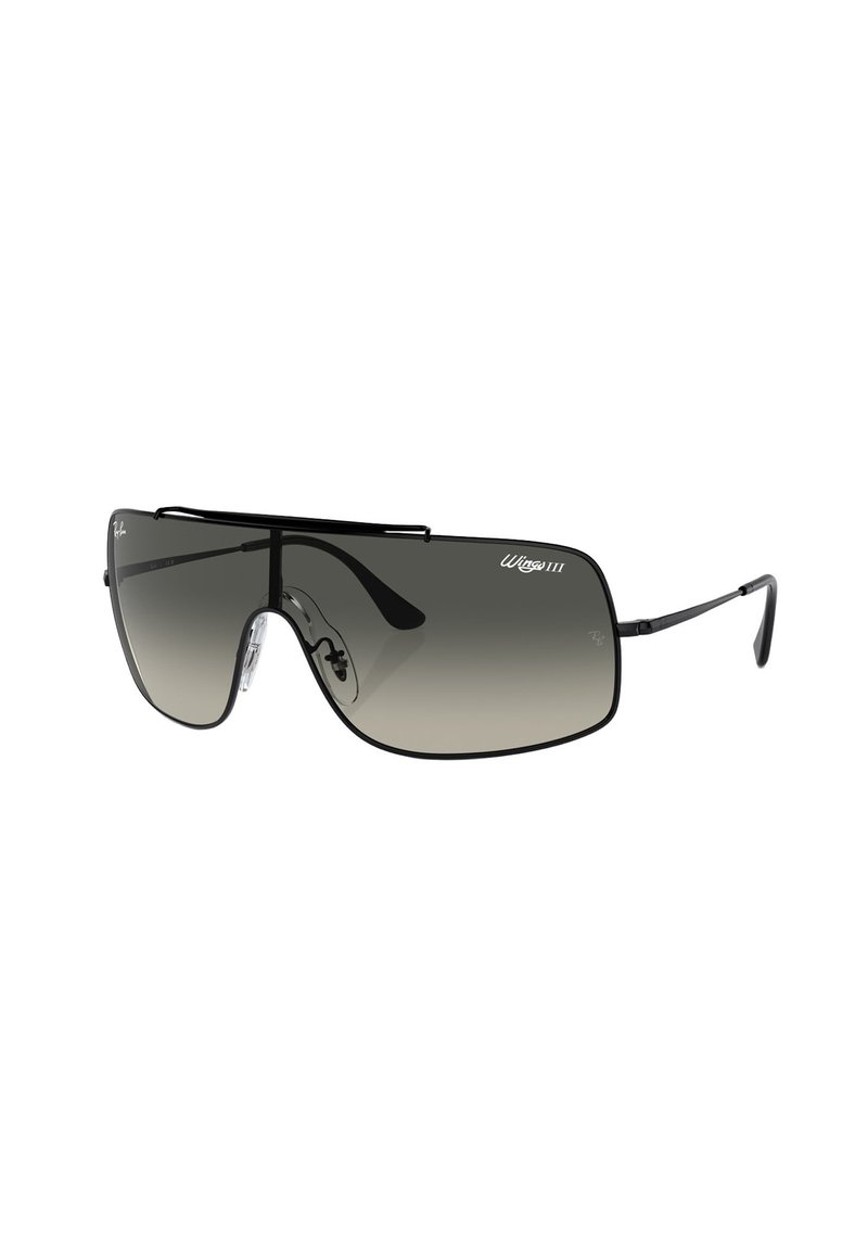 Occhiali da sole con lenti grigio sfumate di grandi dimensioni e un elegante telaio in metallo nero, caratterizzati da un design del ponte distintivo e cuscinetti per il naso in silicone.