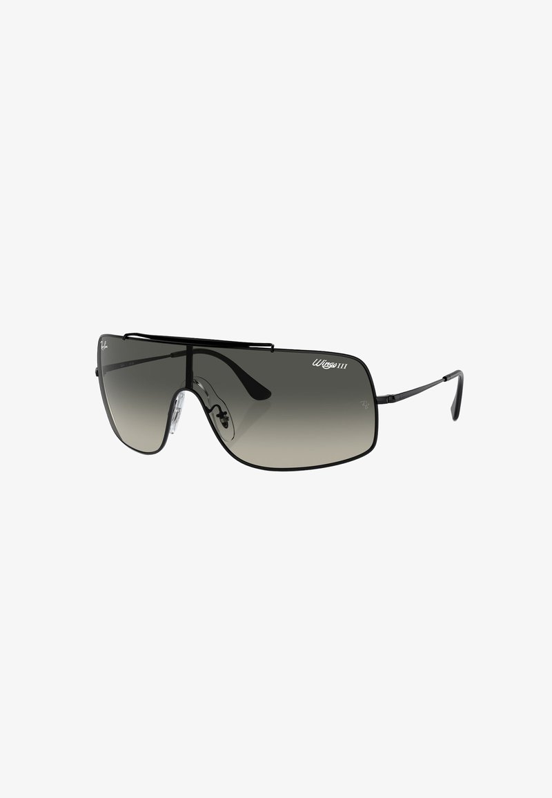 Occhiali da sole con lenti grigio sfumate di grandi dimensioni e un elegante telaio in metallo nero, caratterizzati da un design del ponte distintivo e cuscinetti per il naso in silicone.