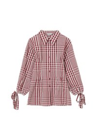 Blusa a scacchi rossi e bianchi con colletto, chiusura a bottoni sul davanti e maniche lunghe con dettagli a fiocco sui polsini. Realizzata in tessuto leggero.
