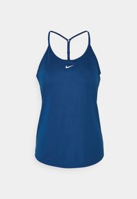 Toppia urheilun navy sinisena, valmistettu sileasta kankaasta, jossa on urheilullinen ristikuvio takana ja pieni valkoinen Nike-logo edessä.