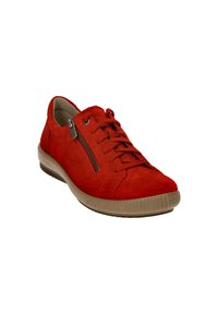 Red suede shoe with a rounded toe, flat beige sole, and contrasting laces. Features a side zipper for ease of wear.