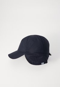 Navy cap with a curved visor, made of lightweight material. Features ear flaps and an adjustable drawstring at the back.