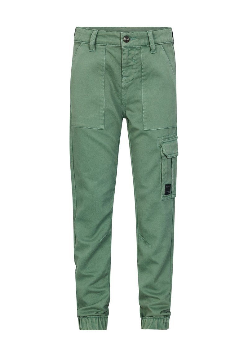 Pantaloni cargo verdi realizzati in tessuto misto cotone, con polsini elasticizzati, molteplici tasche e chiusura con bottone in vita.