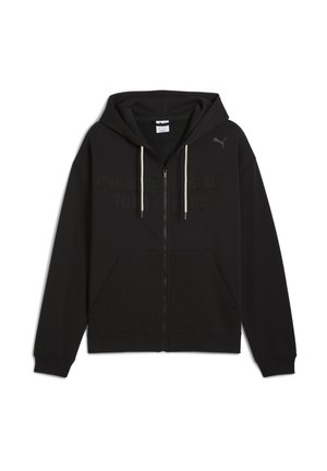 Sort zip-up hættetrøje med et frontlogo, der står "Porsche League Turbo Club", med snoretræk og frontlommer.