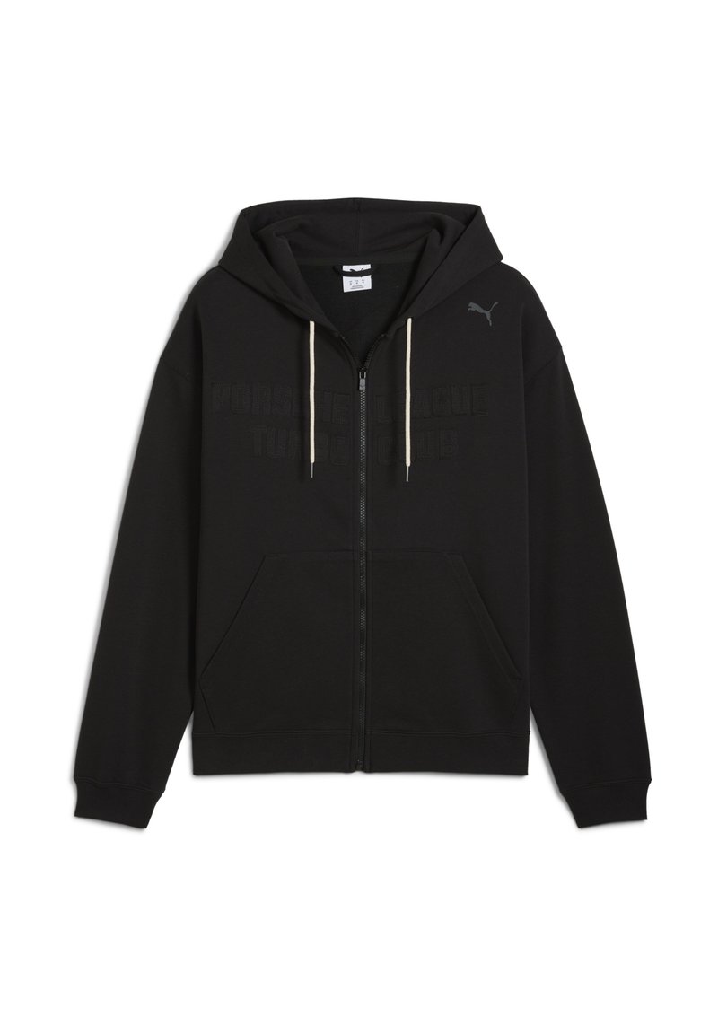 Sort zip-up hættetrøje med et frontlogo, der står "Porsche League Turbo Club", med snoretræk og frontlommer.