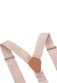 Verstellbare Hosenträger aus hellrosa strukturiertem Stoff, mit braunen Lederakzenten und Metallclips für einen sicheren Halt.