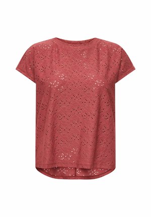 Kortærmet bluse i støvet rosa med hulmønster og rund halsudskæring, der har en en smule længere bagkant.