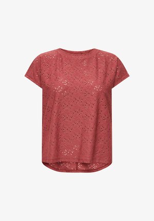 Kortærmet bluse i støvet rosa med hulmønster og rund halsudskæring, der har en en smule længere bagkant.