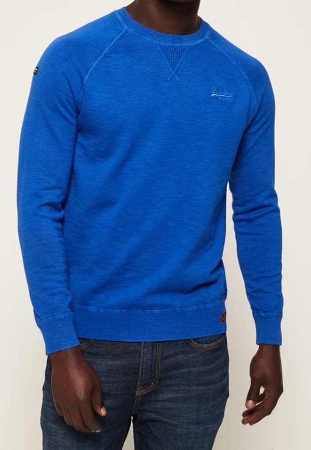 Blauwe ronde hals sweatshirt met ribbelkraag, lange mouwen en een gestructureerde stof. Bevat een klein logo op de borst en een label aan de zoom.