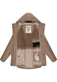 Brown waterproof jacket with a fleece lining. Features a hood, drawstring waist, and multiple pockets. Interior has a patterned lining.