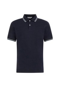 Marineblauwe polo shirt met een klassieke kraag, korte mouwen en gestreepte accenten op de manchetten. Voorzien van drie knopen bij de hals. Zachte stofstructuur.