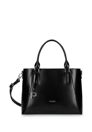 Borsa a mano in pelle nera con doppio manico, tracolla removibile e charm argento a forma di "P" sul davanti, marchiata "Picard".