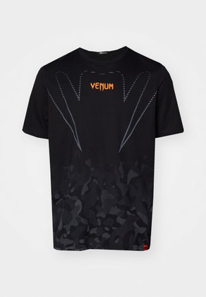 Black short-sleeve t-shirt with a camouflage pattern, featuring an orange "VENUM" logo and contrasting gray line details. Soft, lightweight material.
