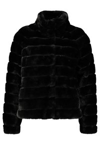 Veste en fausse fourrure noire avec un col montant, présentant un design matelassé et une texture moelleuse, offrant chaleur et une silhouette structurée.