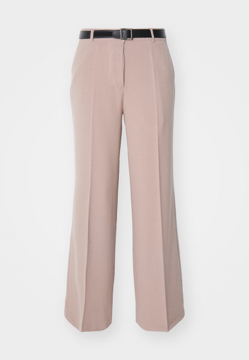 Pink wide-leg trousers made of a soft fabric, featuring a black belt with a square buckle and neatly pressed front creases.