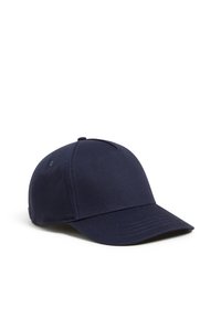 Navy blue cap made of durable fabric with a curved visor, five-panel design, and ventilation eyelets on the crown.