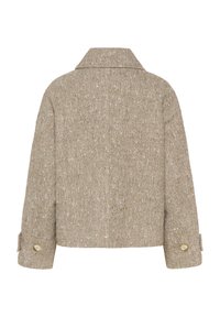 Rjav jakna v ribji kost, s ovratnikom in z zlatimi gumbi na rokavih. Teksturovana tkanina s nekoliko ohlapnim krojem.