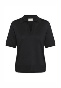 Haut polo en tricot à manches courtes noir avec un col en V et une texture douce. Comprend un design à col et une coupe décontractée.