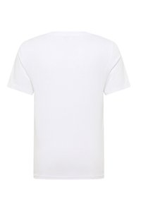 Biała bawełniana koszulka, krótkie rękawy, okrągły dekolt, prosta konstrukcja, gładka faktura oraz prosta linia dołu bez jakichkolwiek grafik czy wzorów.