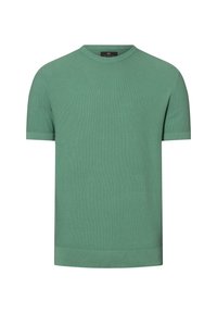Grüner kurzärmeliger Strickpullover mit Rundhalsausschnitt, strukturierter Oberfläche und gerippten Bündchen und Saum. Aus weichem, atmungsaktivem Material hergestellt.