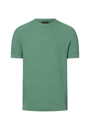 Green short-sleeved knit sweater with round neck, textured pattern, and ribbed cuffs and hem. Made from soft, breathable fabric.